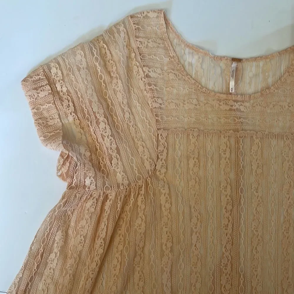 Free People Peach Tea Lace Sheer Oversized Split Back Top